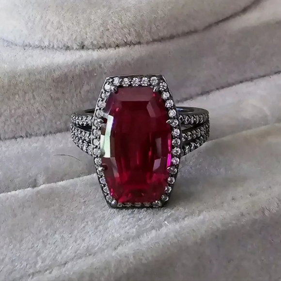 Jean Dousset Black Rhodium Sterling Silver Emerald Cut Red Crystal Ring 9 - Picture 8 of 8